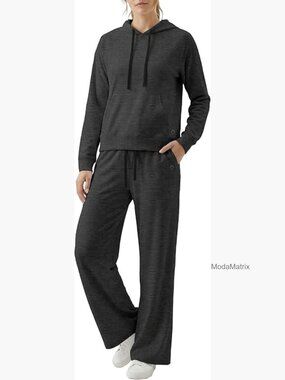 2-Piece Lounge Set Hoodie Wide Leg Pants Matching Sweatsuit Travel Outfit